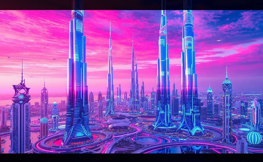A futuristic Dubai cityscape at dusk