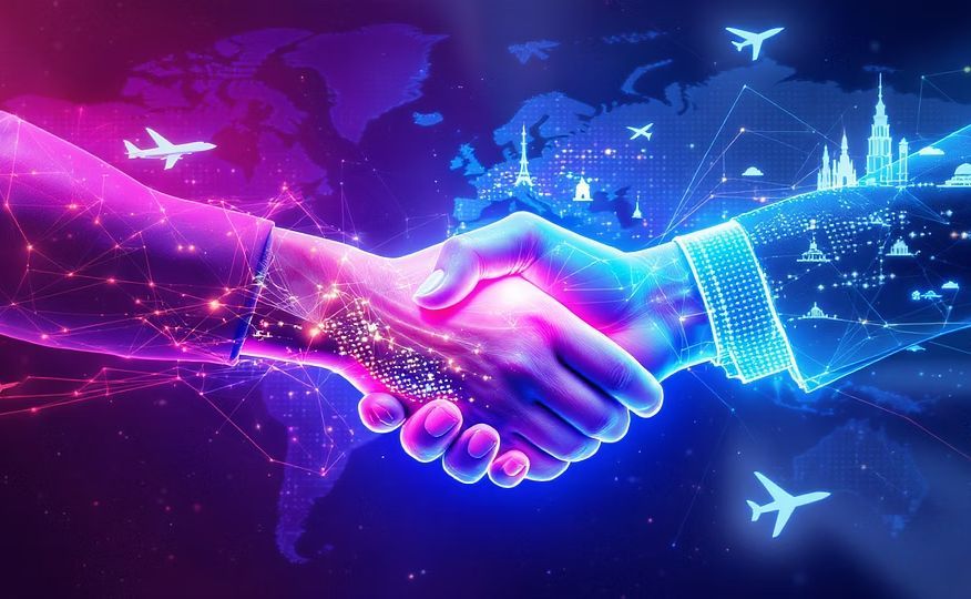 Illustration of a handshake across a digital world map