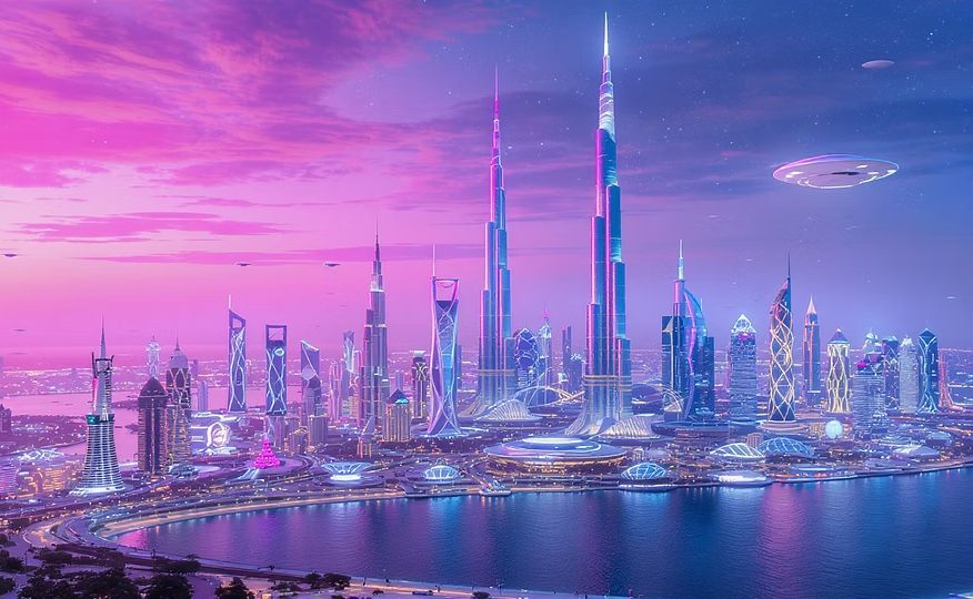 Dubai's skyline with the Burj Khalifa lit up at night